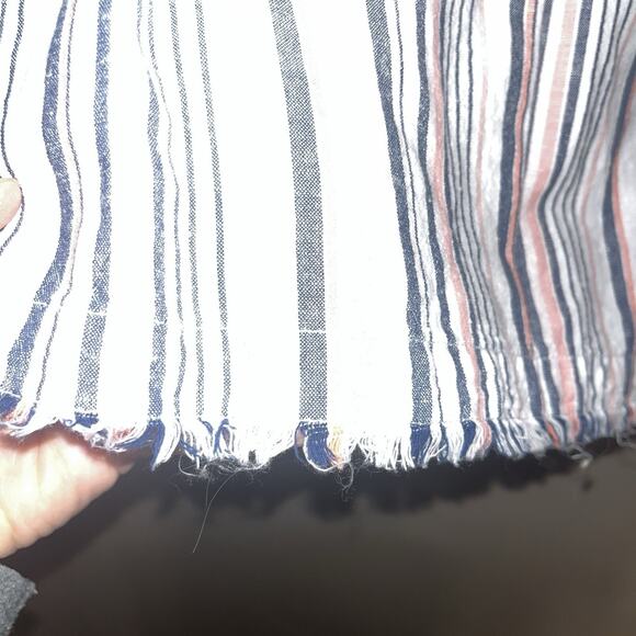 Linen Blend Stripe Sleeveless Tank M White w/blue & red Fringe Hem Preppy - Picture 2 of 9